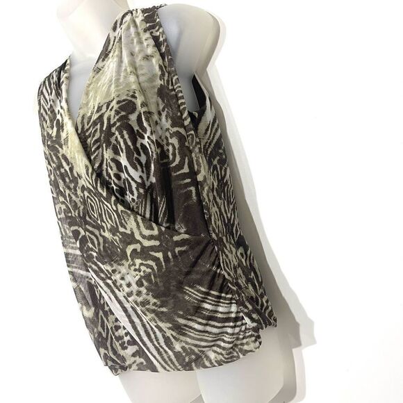 SOLO MODA safari animal print surplice ruched faux wrap sleeveless top medium - Picture 7 of 12